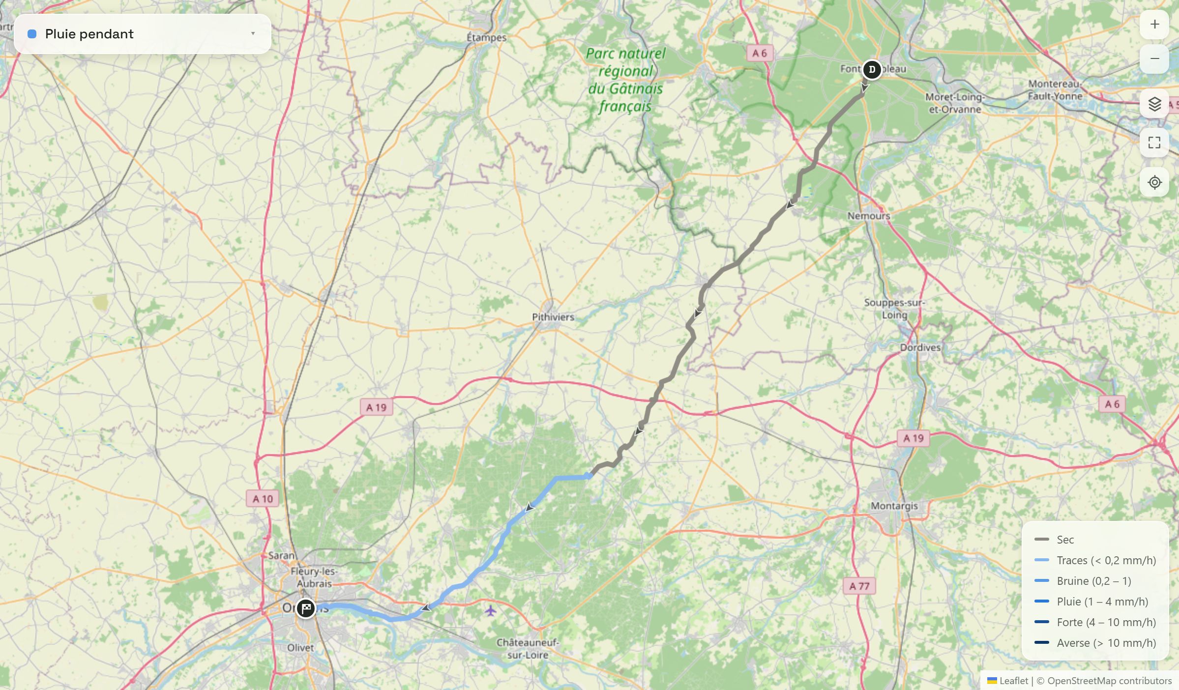 La trace sur la carte Bulletin, pluie et vent affichés le long du parcours